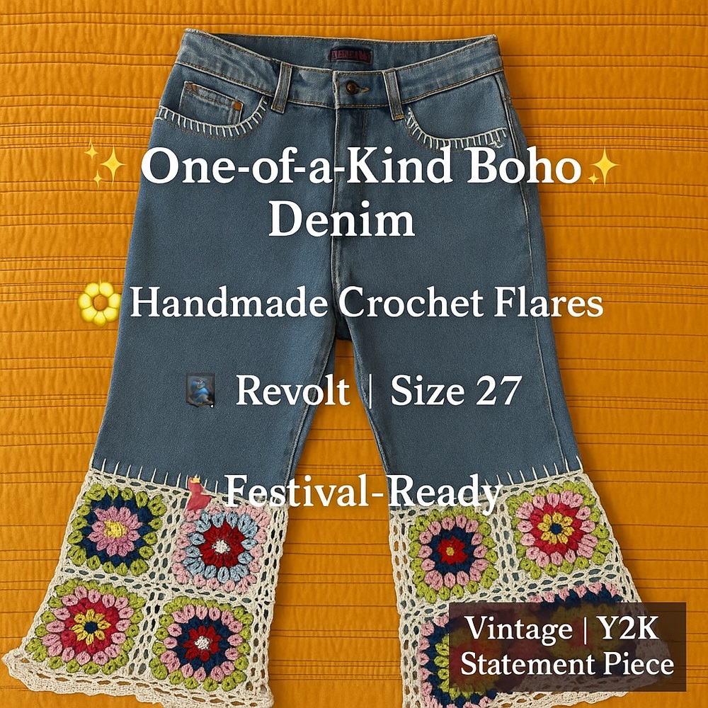 Revolt Y2K Crochet Flare Jeans | Boho Granny Square Patchwork Denim Size 27 - Picture 9 of 9